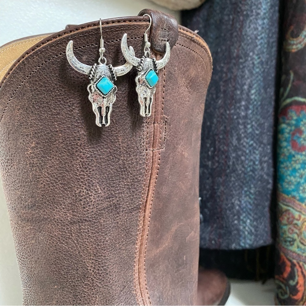 Boho western horn earrings w vintage spell gypsy cowboy/Navajo/Pendleton… - Picture 9 of 15